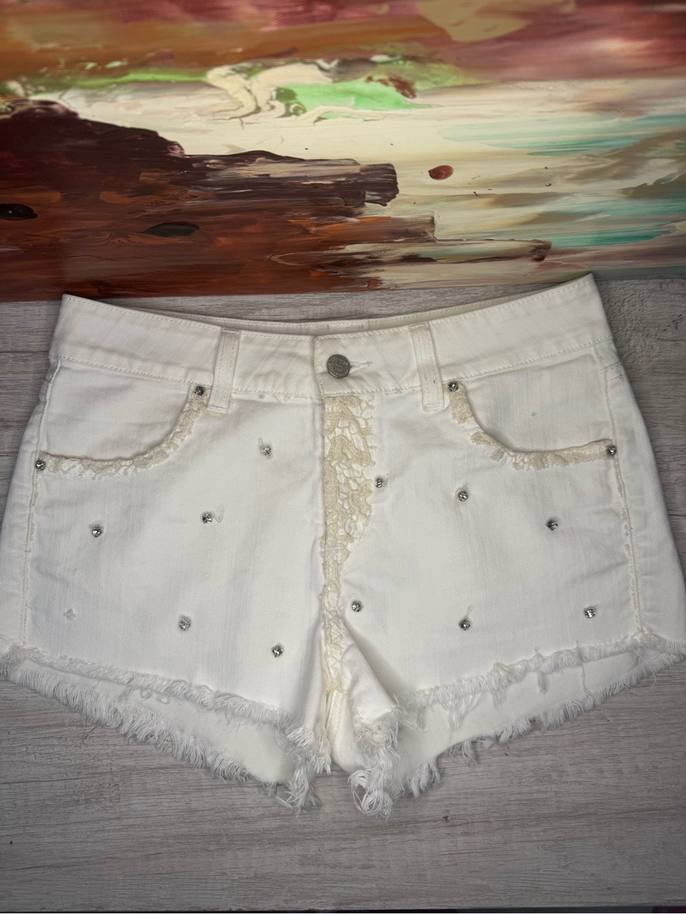 Guess White Denim Shorts with Lace & Stud Accents
